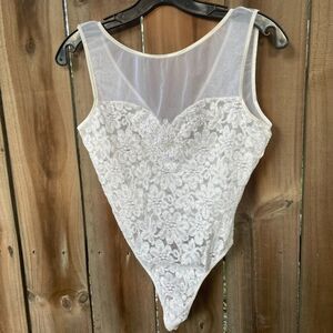 Vintage 80s GAVIOTA White LACE Thong BODYSUIT Sequins Pearls Mesh M